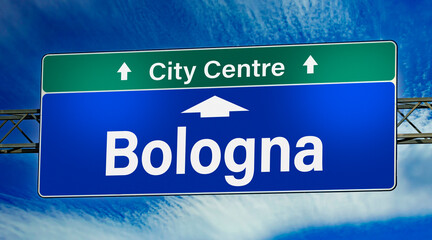 Road sign indicating direction to the city of Bologna © monticellllo