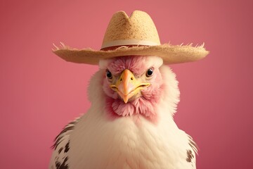 rooster in a cowboy hat on a yellow background. Generation AI