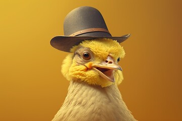 Cute little chick in a straw hat isolated on yellow background. Generation AI