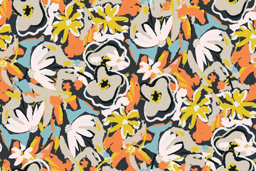 bright contrast multicolored floral pattern with brush strokes of paint