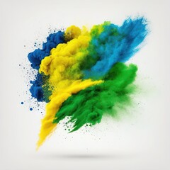 Fototapeta na wymiar colorful brazilian flag green yellow blue color paint powder explosion on isolated white background. Generation AI