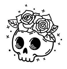 Cute skull with flowers wreath. Vector concept illustration in Hipster. Mystical occult object. Cute witchy illustration. For greeting card, poster, print on clothes. Day of the Dead. Funny Halloween