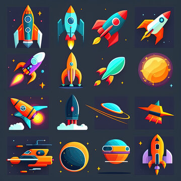  todda flat icons setspace rocket vector illustrations, generative artificial intelligence