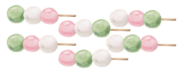Watercolor hand drawn traditional Japanese sweets. Three color dango, pink, white and green. Isolated on white background. Design for invitations, restaurant menu, greeting cards, print, textile