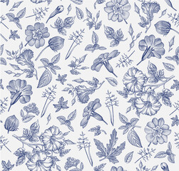 Seamless pattern. Beautiful fabric blooming realistic isolated flowers. Vintage background primrose petunia wildflowers. Wallpaper baroque retro Drawing engraving sketch. Vector victorian Illustration