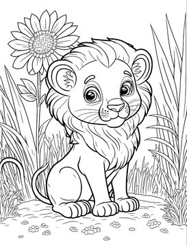 Cute animal, flower, fairies coloring page. Gnerative AI