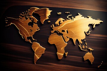 Golden world map on wood background