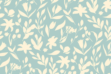 bicolor contour silhouette seamless pattern with flowers and leaves. Abstract floral spring, summer pattern.