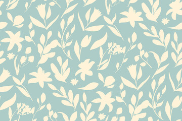 bicolor contour silhouette seamless pattern with flowers and leaves. Abstract floral spring, summer pattern.