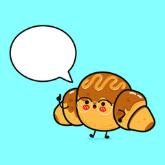 Cute funny chocolate Croissant with speech bubble. Vector hand drawn cartoon kawaii character illustration icon. Isolated on blue background. Croissant character concept
