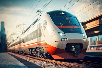 Fototapeta premium Front view of fast moving modern passenger train on railway platform at sunset with motion blur effect. Commercial transportation, future logistics, modern technology, transport concept. AI generative