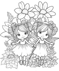 Fototapeta premium Cute animal, flower, fairies coloring page. Gnerative AI