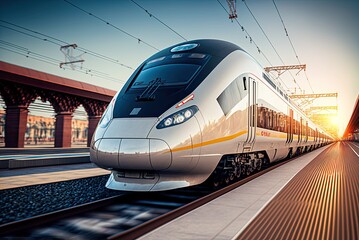 Front view of fast moving modern passenger train on railway platform at sunset with motion blur effect. Commercial transportation, future logistics, modern technology, transport concept. AI generative
