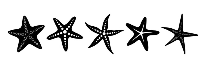 Set of different starfish. Black vector icon in flat style.