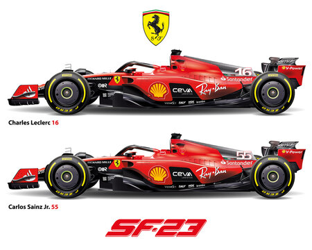 Maranello, Modena, Italy, february 2023, Ferrari SF-23 formula 1, Carlos Sainz and Charles Leclerc, 2023 formula one world championship
