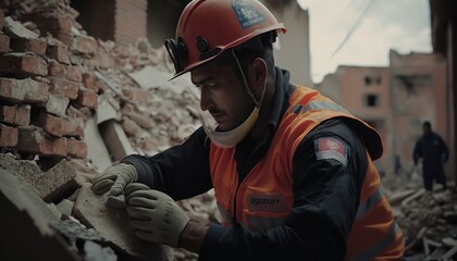 Fototapeta premium A major earthquake's aftereffects, including a destroyed city and multi-story buildings, are being cleaned up by rescuers wearing uniforms and helmets. Generative Ai.