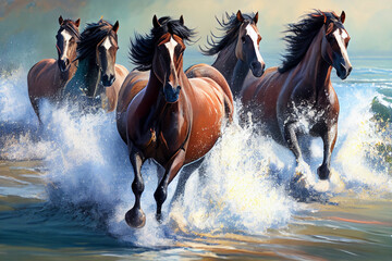 A herd of thoroughbred horses runs along the seashore, raising splashes of water.AI generated