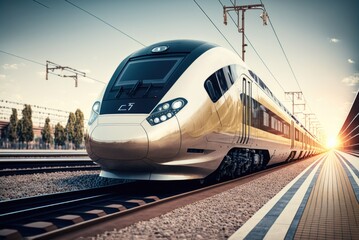 Fototapeta premium Front view of fast moving modern passenger train on railway platform at sunset with motion blur effect. Commercial transportation, future logistics, modern technology, transport concept. AI generative