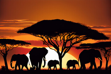 Fototapeta na wymiar Herd of elephants in the savannah. AI generated