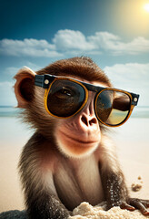 Portrait of Monkey in sunglasses at the resort. AI generated