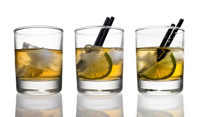 Cocktail whiskey with ice and lime in a low glass with reflection close up