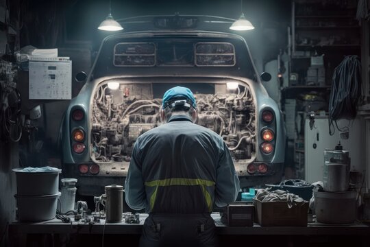 Automotive mechatronics technician works in a car repair shop as a digital illustration (Generative AI)