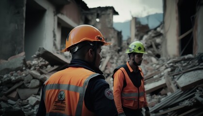 Fototapeta premium A major earthquake's aftereffects, including a destroyed city and multi-story buildings, are being cleaned up by rescuers wearing uniforms and helmets. Generative Ai.
