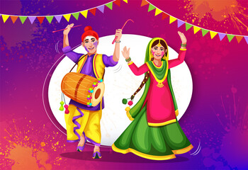 Obraz na płótnie Canvas Happy Holi Indian festival, poster, banner, template. Young kid playing dancing at the event of Holi On colorful costume . Vector illustration design template. For banner, poster, sticker, blogging.