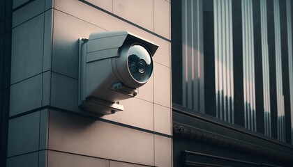 Fototapeta na wymiar Surveillance technology, public safety in metropolitan areas, and surveillance camera on the building's front. Generative Ai.