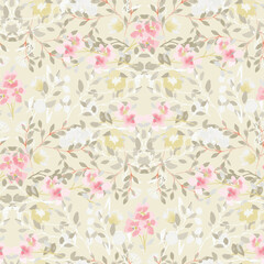 Spring summer green delicate seamless pattern with blooming apple tree or sakura.