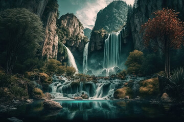 Beautiful waterfall in nature as a digital illustration (Generative AI)