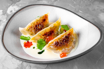Gyoza or dumplings snack with sauce