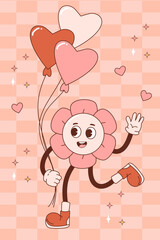 Retro vintage cartoon flower Power. Groovy Funny daisy small flower with balloons. Vector illustration of mascot, childrens holiday character/