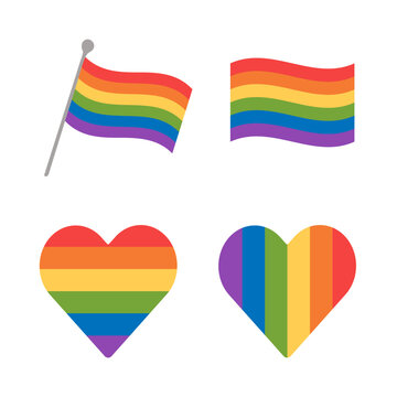 set of rainbow, colorful LGBT hearts and flags pride