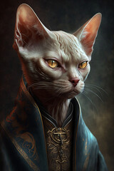 Portrait fantasy cat, blue gold clothing, generative AI