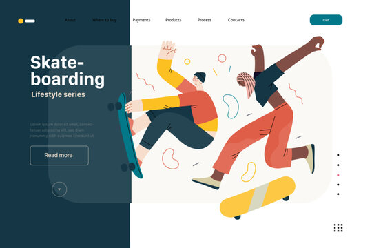 Lifestyle website template - Skateboarding - modern flat vector illustration of a young male and female skaters jumping in the air with their skateboards.. People activities concept