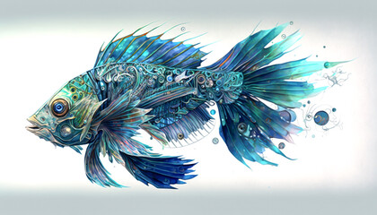 Beautiful graceful blue fish watercolor art with patterns. Generative AI