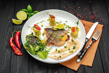 Veal medallion with salad and hummus hummus