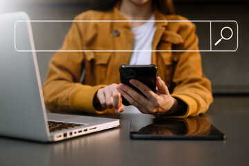Searching Browsing Internet Data Information Networking Concept. with mobile  and computer virtual icon in office..