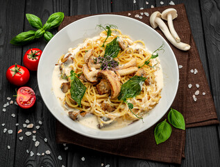 Mushroom Spaghetti Pasta and cream sauce with different types of mushrooms