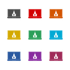 Laptop online church video streaming icon isolated on white background. Set icons colorful
