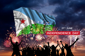 Sky with holiday fireworks and flag of Djibouti