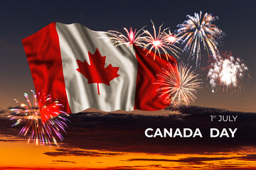 Sky with majestic fireworks and flag of Canada