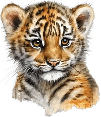 Fototapeta na wymiar Watercolor portrait of a cute little tiger cub. AI-generated watercolor vintage image of tropical small cute animal PNG with transparent