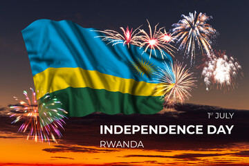 Sky with majestic fireworks and flag of Rwanda