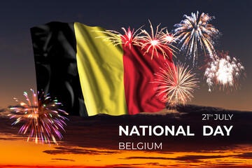 Sky with majestic fireworks and flag of Belgium