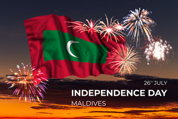 Sky with majestic fireworks and flag of Maldives