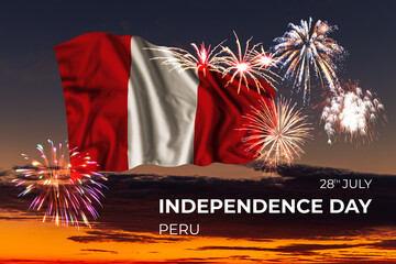 Sky with majestic fireworks and flag of Peru