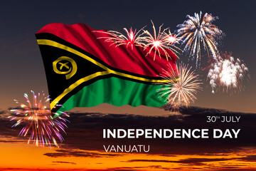 Sky with majestic fireworks and flag of Vanuatu