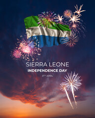 Majestic fireworks and flag of Sierra Leone on National holiday
